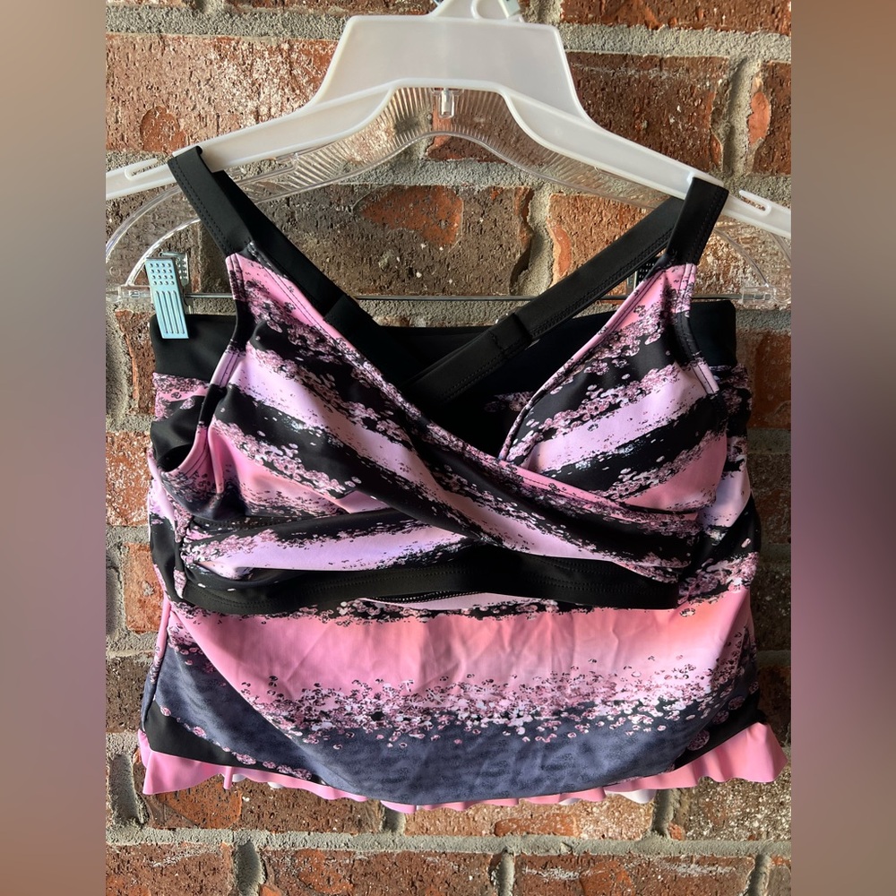 Pink and Black Striped High waisted swim set size small